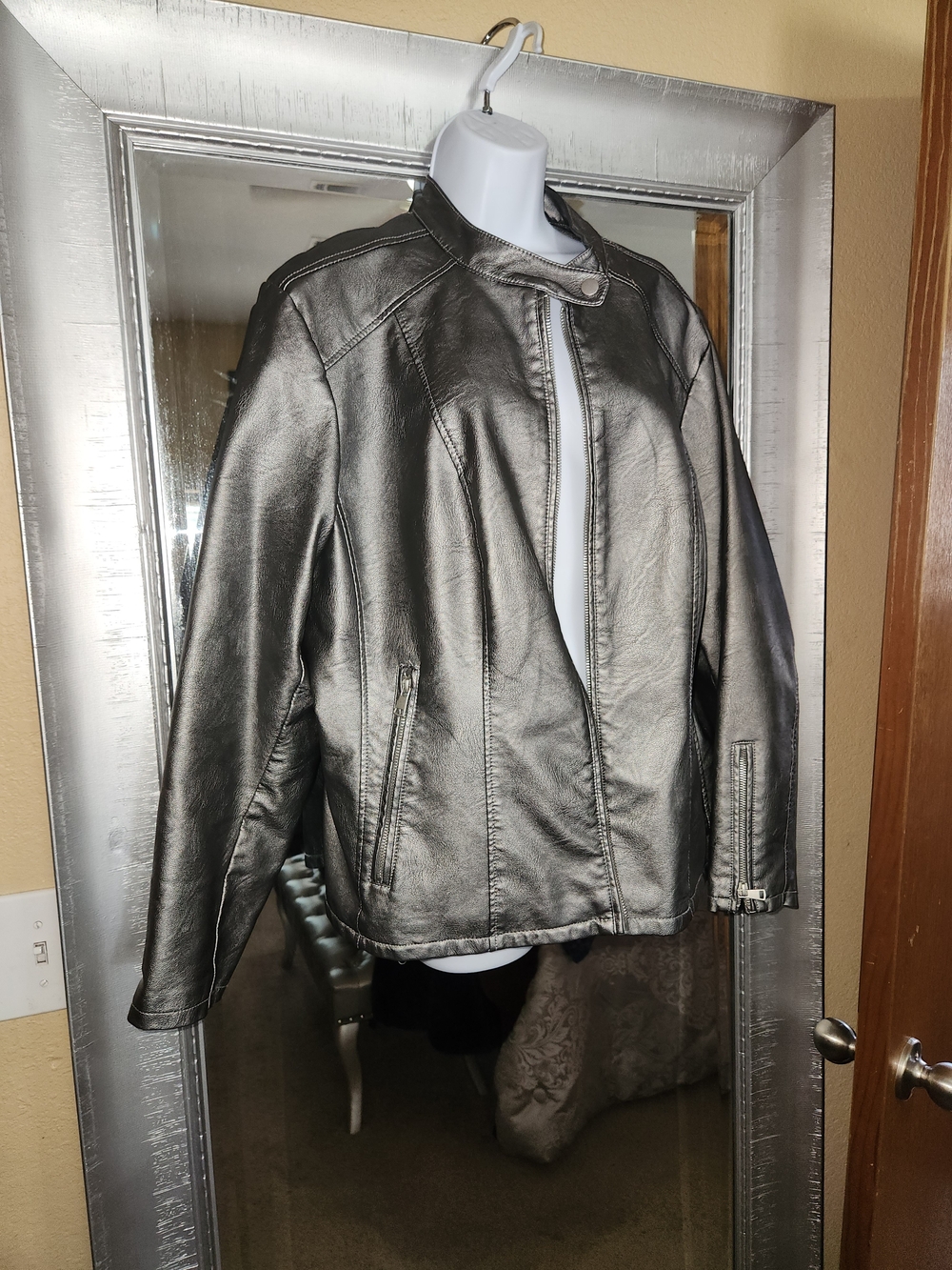 Baccini Metallic Gunmetal Faux Leather Moto Jacket